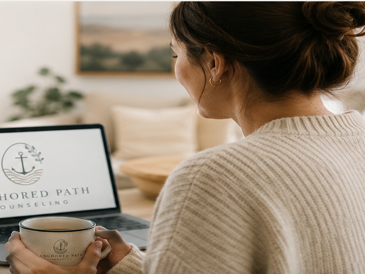 Person attending a branded Anchored Path telehealth session from home
